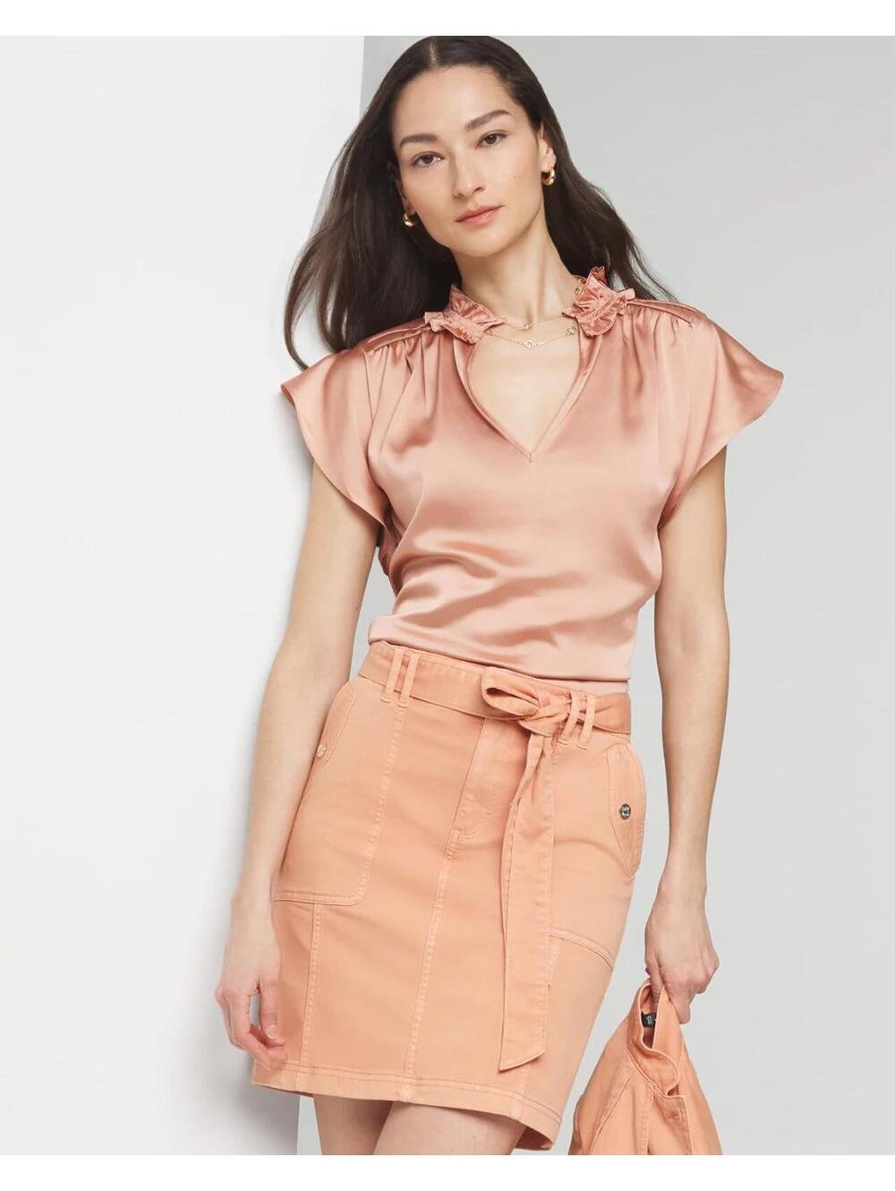 White House Black Market Ruched Neck Flutter Sleeve Satin Top Rose Gold Sz Large